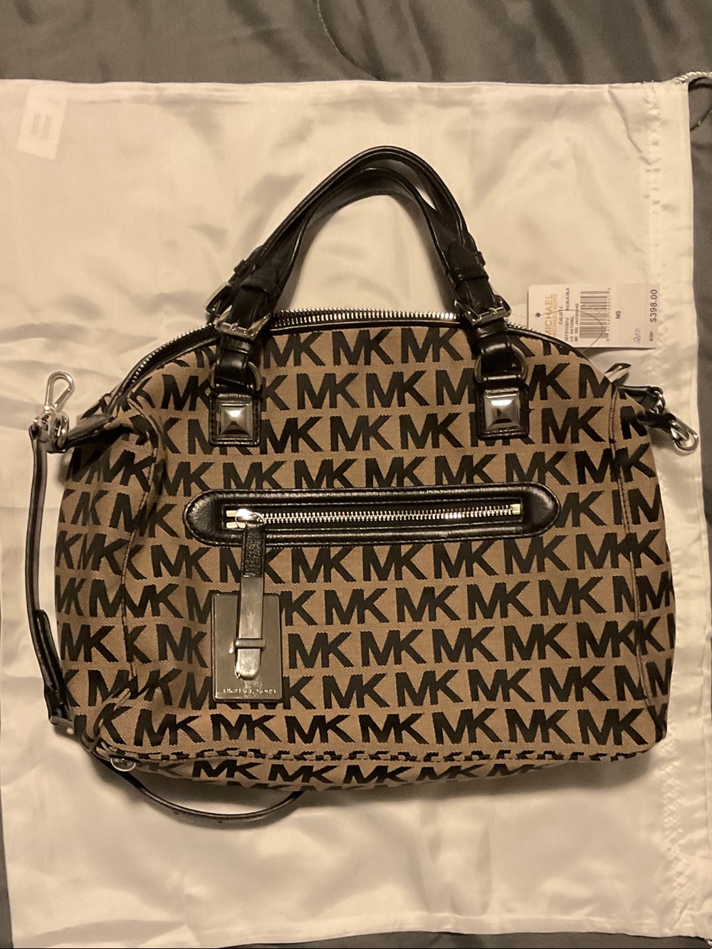 Michael Kors Jacquard Dome Brown /Beige Monogram Satchel with removable strap.